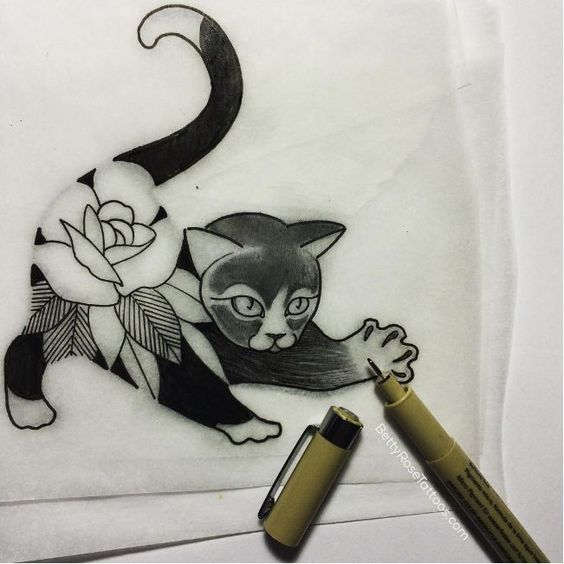 Small playing cat with rose pattern on butts tattoo design