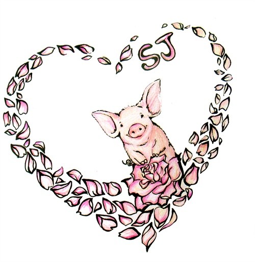 Small rosy pig in heart-shaped rose petals frame tattoo design