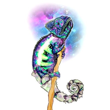 Small space chameleon sitting on thin branch tattoo design