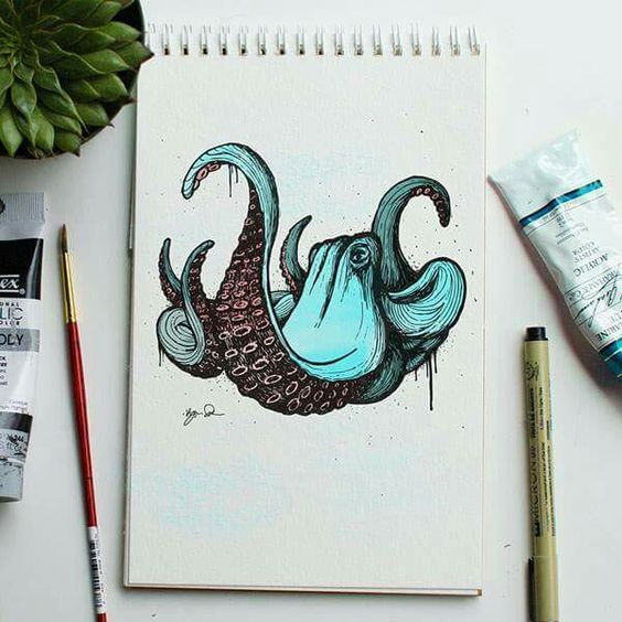 Small turquoise octopus with black suckers tattoo design