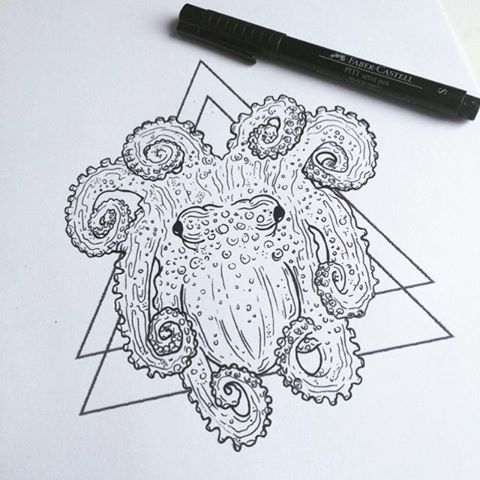 Small upside down octopus on triangle drawings tattoo design