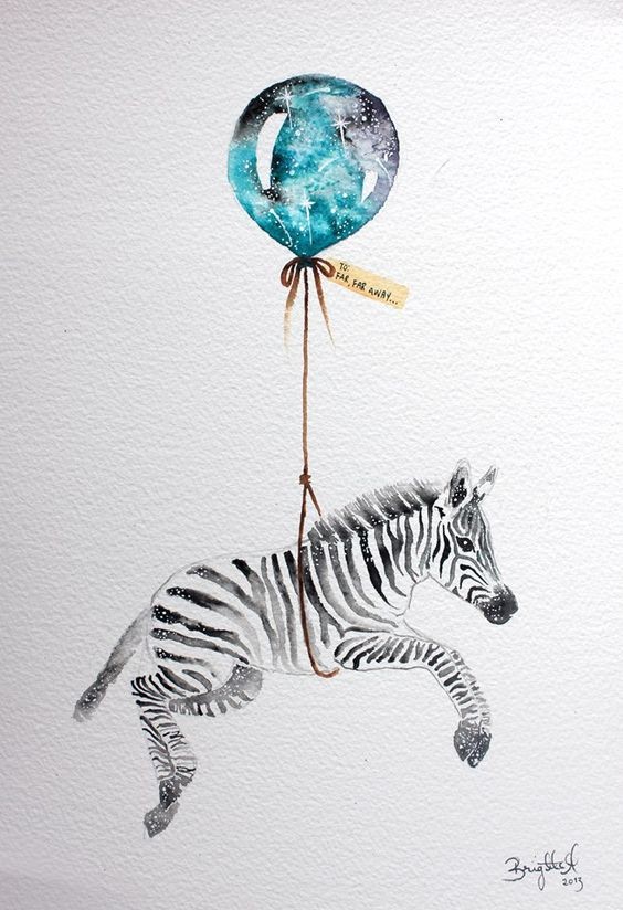 Small zebra flying by blue watercolor balloon tattoo design