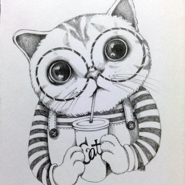 Smart cat in glasses drinking coffee tattoo design