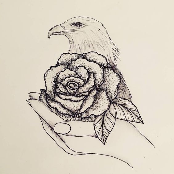 Smiling eagle head and dotwork rose bud on human palm tattoo design
