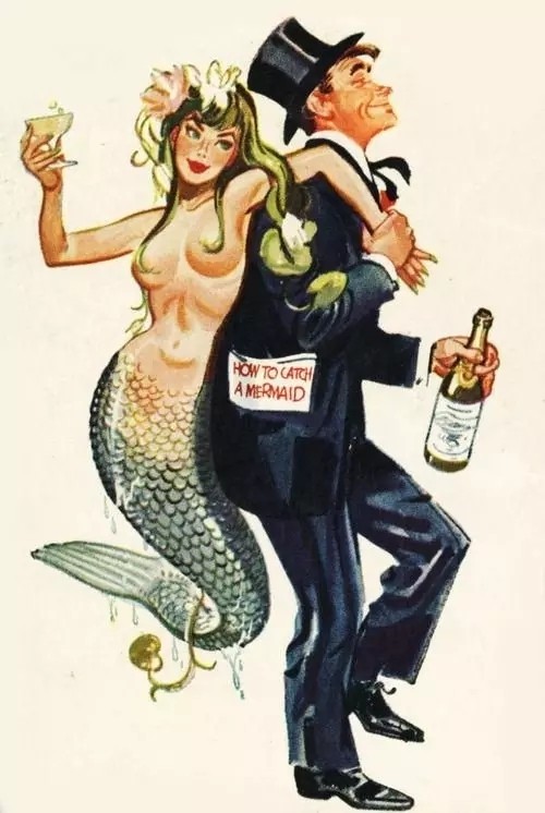 Smiling man in classic suit keeping a mermaid on his back tattoo design