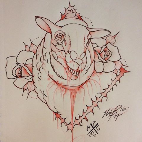 Smiling sheep in frame with roses tattoo design