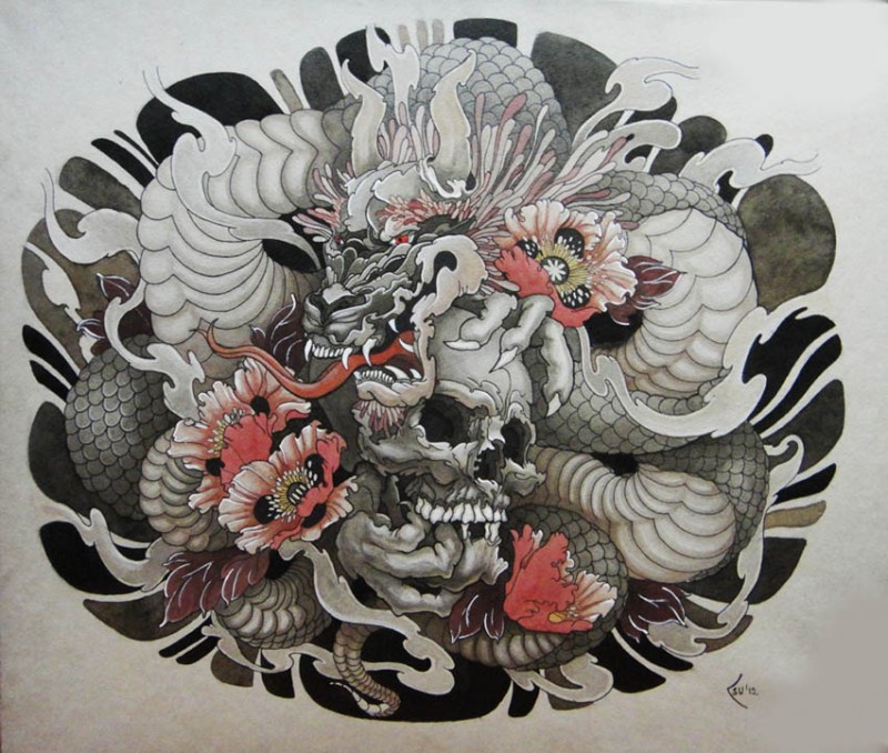Dragão chinês sotão com design de tatuagem de flores de peônia