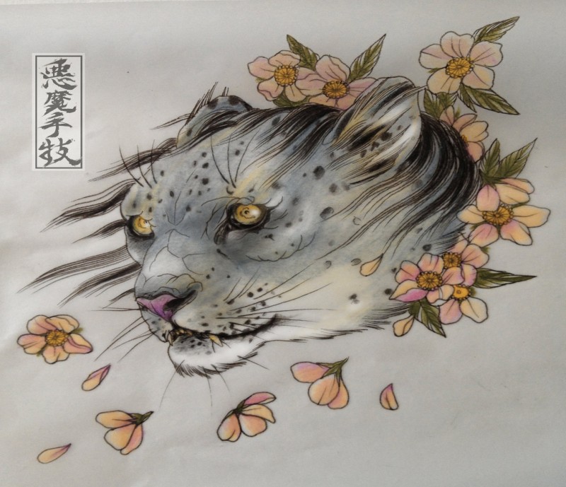 Snow leopard and small falling flowers in chinese style tattoo design by Lewis Buckley Art