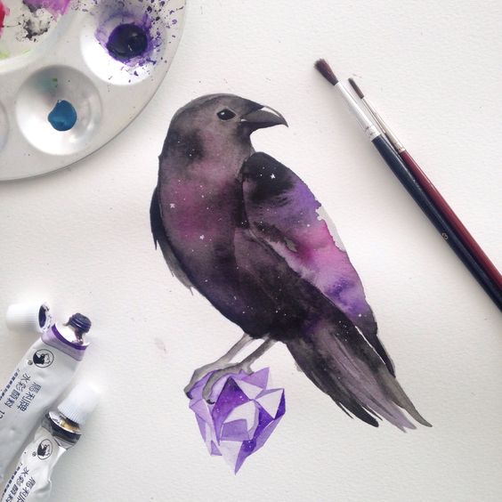 Space-patterned raven sitting on purple diamond tattoo design