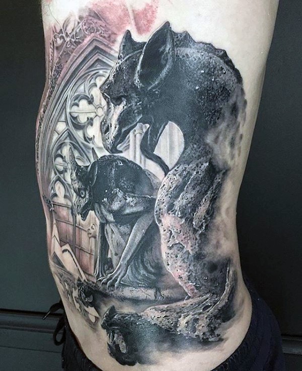 Spectacular detailed looking side tattoo of old cathedral with gargoyle statues