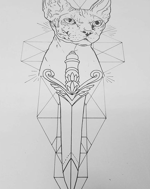 Sphynx cat and huge sword with geometric elements tattoo design