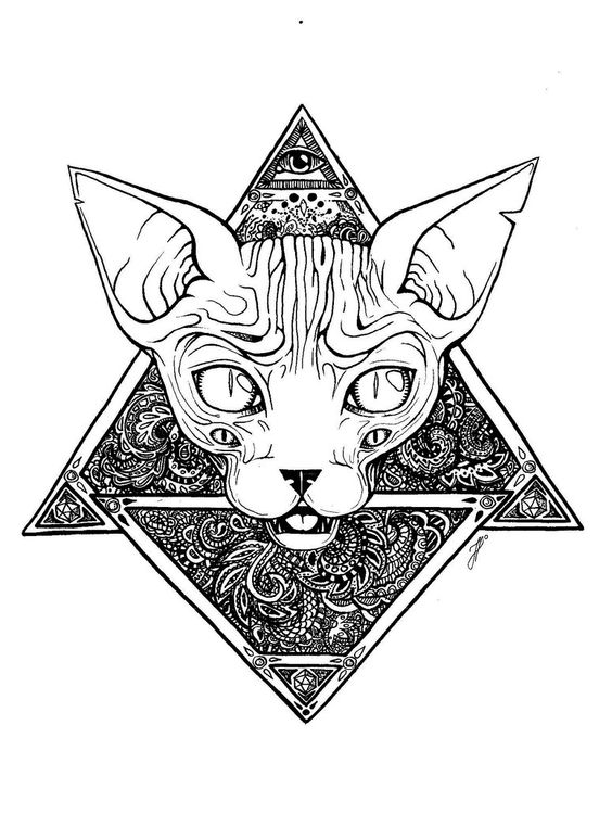 Sphynx cat head on patterned triangles with illuminati top tattoo design