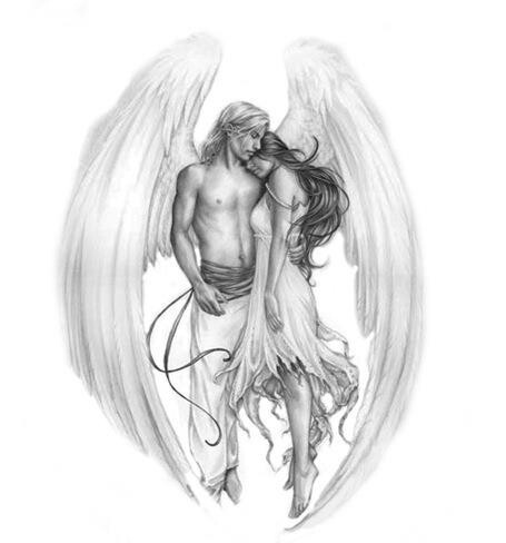 Amantes de anjo esplêndido em desenho de tatuagem de cores preto-e-cinza