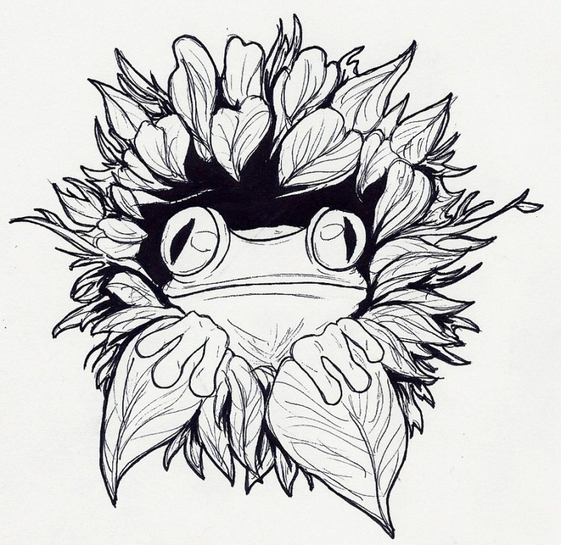 Splendid black-and-white frog looking out of leaves tattoo design by Douji Mayamiko