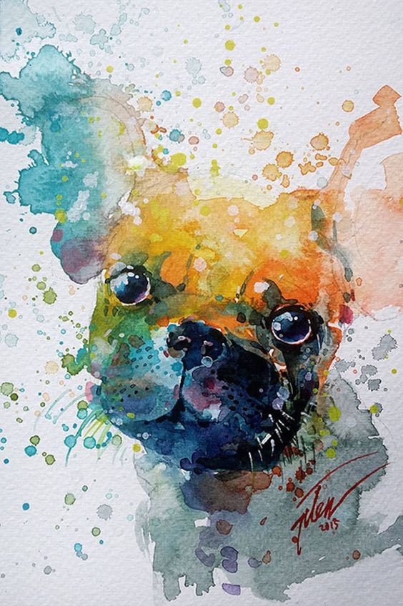 Splendid bright watercolor bulldog with a lot of splashes tattoo design