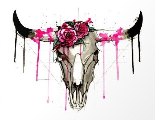 Splendid bull skull with pink roses and watercolor smudges tattoo design
