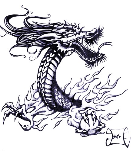 Esplêndida cabeça de dragão perigoso em design de tatuagem de fogo por Faia Fractals
