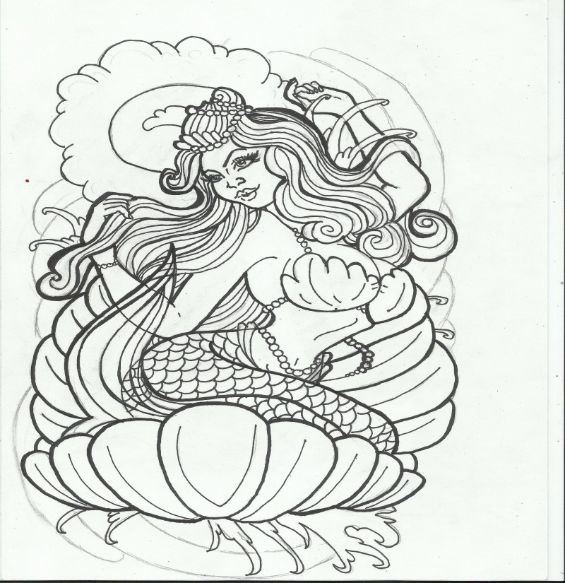Splendid detailed outline mermaid sitting in shell tattoo design