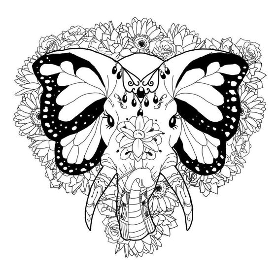 Splendid elephant with butterfly ears on floral background tattoo design