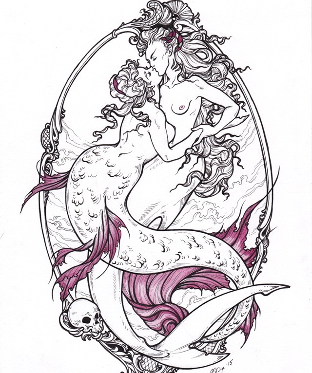 Splendid grey-and-purple kissing mermaids in oval frame tattoo design