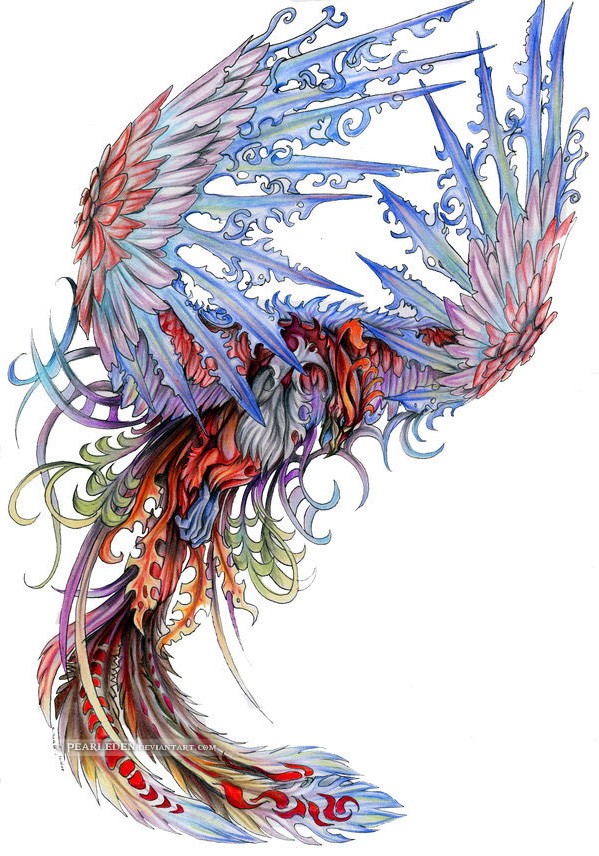 Fênix multicolorida esplêndida com desenho de tatuagem de asas azuis gigantes