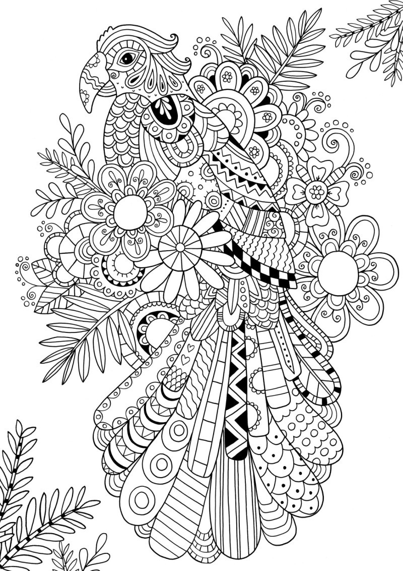 Splendid outline ornate parrot sitting on floral background tattoo design