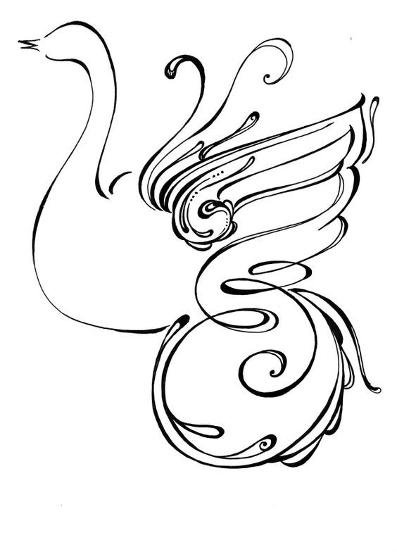 Splendid outline swan with curly wings and tail tattoo design