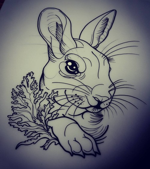 Splendid rabbit portrait and oak leaf tattoo design