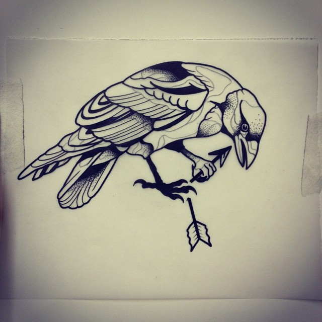 Splendid uncolored bird with broken arrow tattoo design