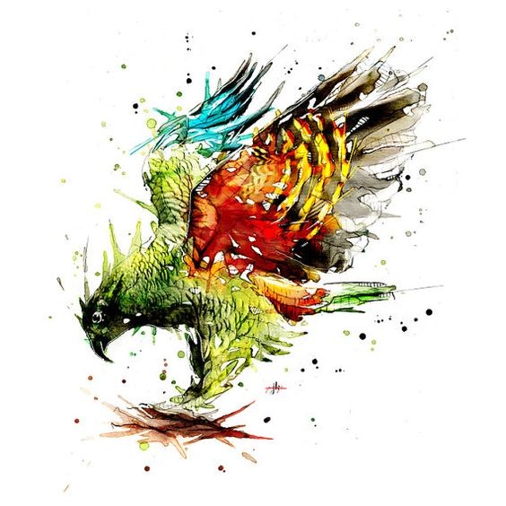 Splendid watercolor parrot landing on ground tattoo design