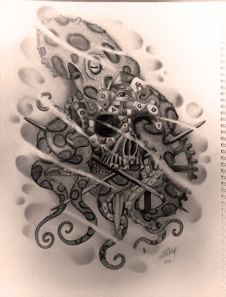 Spotted octopus with marine wheel and illuminati skull tattoo design by Stathisp