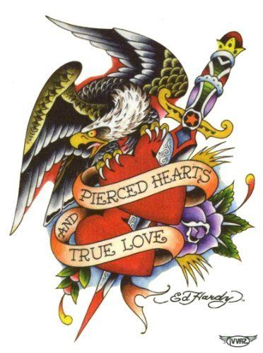 Sreaming eagle with banner and red hearts pierced with sword tattoo design