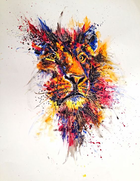 Static watercolor lion in a lot of splashes tattoo design