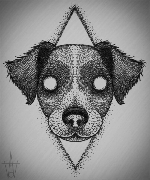 Strange blind dotwork-style domestic animal portrait in rhombus frame tattoo design