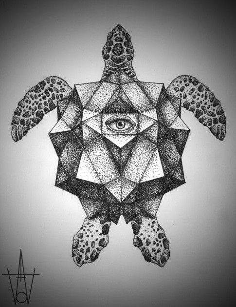 Strange geometric shell turtle with illuminati tattoo design