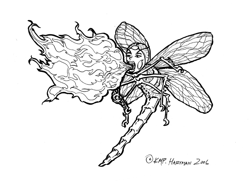 Strange human-faced dragonfly breathing with fire tattoo design by Moon Freak Formula