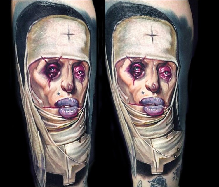 Strange looking colored tattoo of monster woman