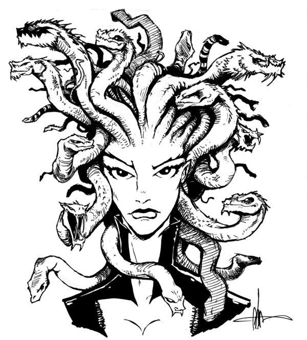 Strict black-and-white medusa gorgona portrait tattoo design by Archer Monster