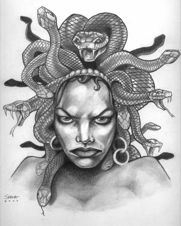 Strict black-and-white medusa gorgona tattoo design
