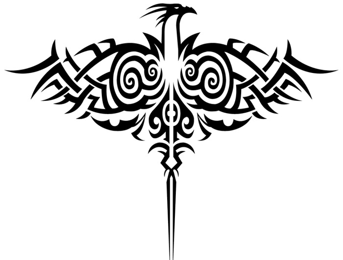 Strict black-ink phoenix in tribal style tattoo design