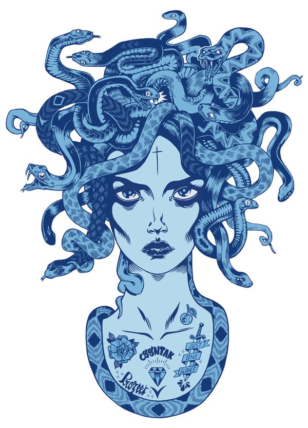 Strict blue-ink tattooed medusa gorgona portrait tattoo design