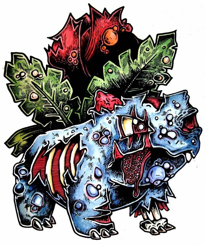 Strict colored zombie pokemon with a flower on the back tattoo design