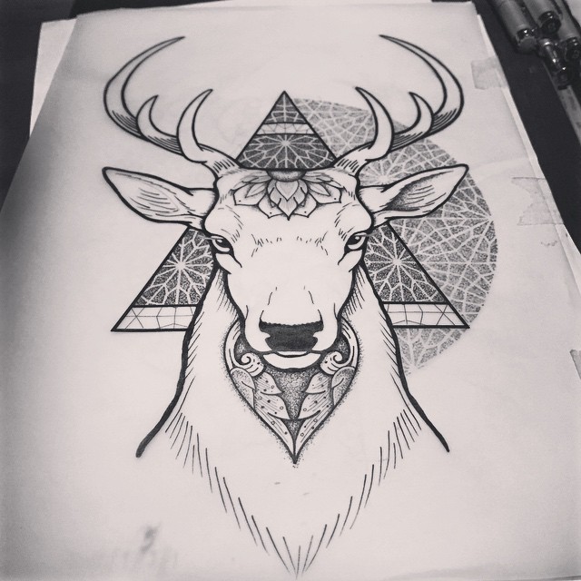 Strict deer on snowflake pattern background tattoo design