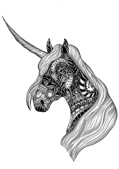 Strict patterned unicorn portrait tattoo design