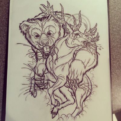 Strong bear killing frightened deer tattoo design