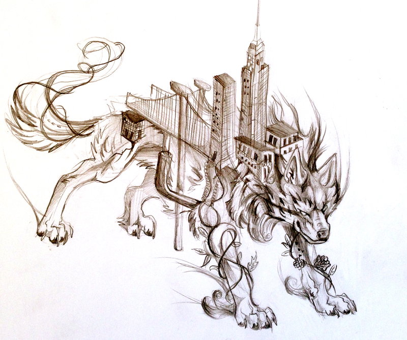 Strong full-size city wolf tattoo design by Lucky978