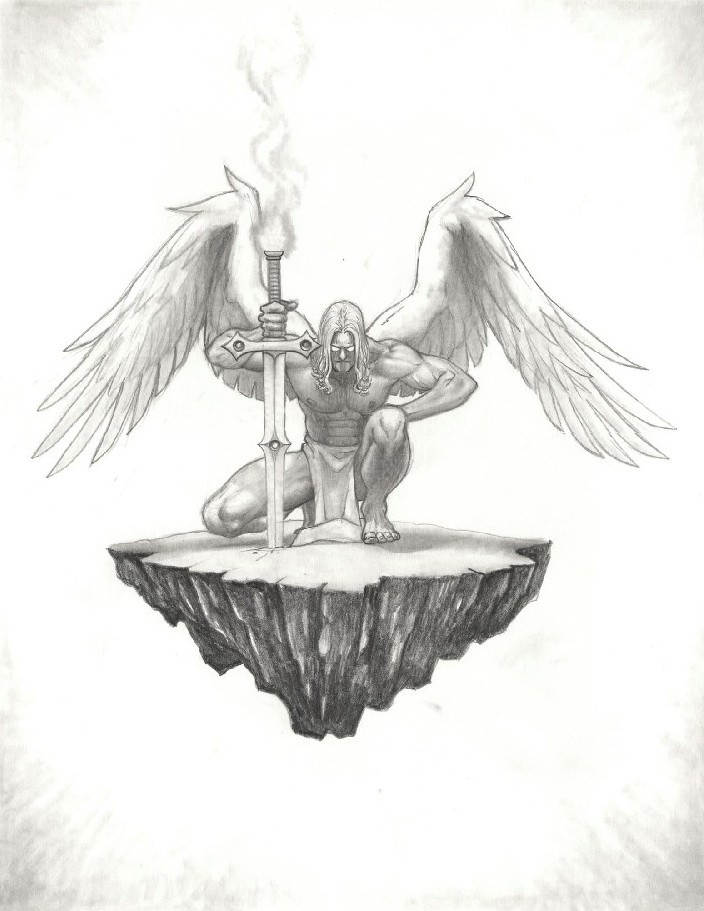 Strong grey-ink angel with a sword standing by knee on a piece of rock tattoo design by Drz73