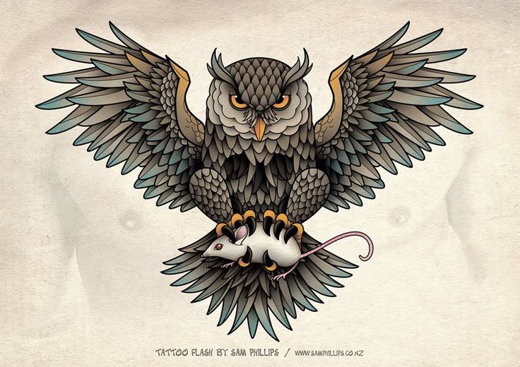 Strong grey owl keeping a white mouse tattoo design