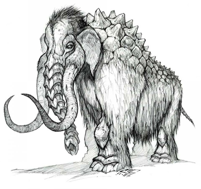 Strong uncolored mammoth with hard horned back tattoo design