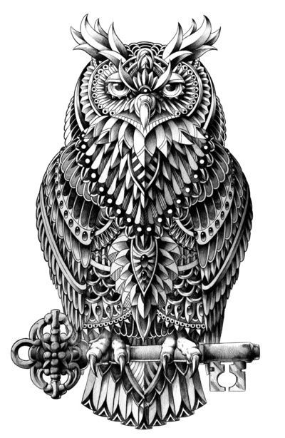 Stronged armored owl with a huge key tattoo design